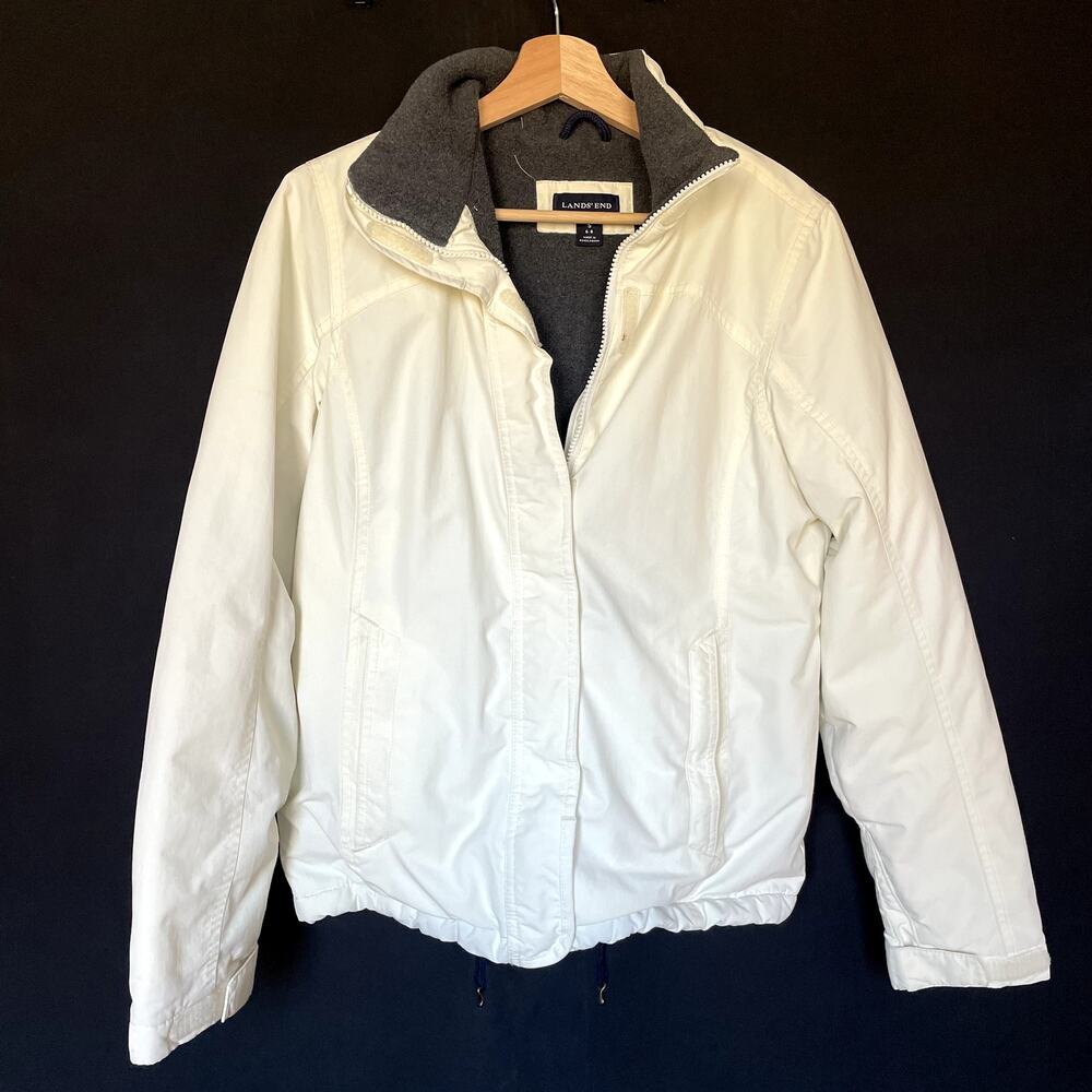Lands' End white fleece lined winter coat pockets women's size S‎ nylon jacket